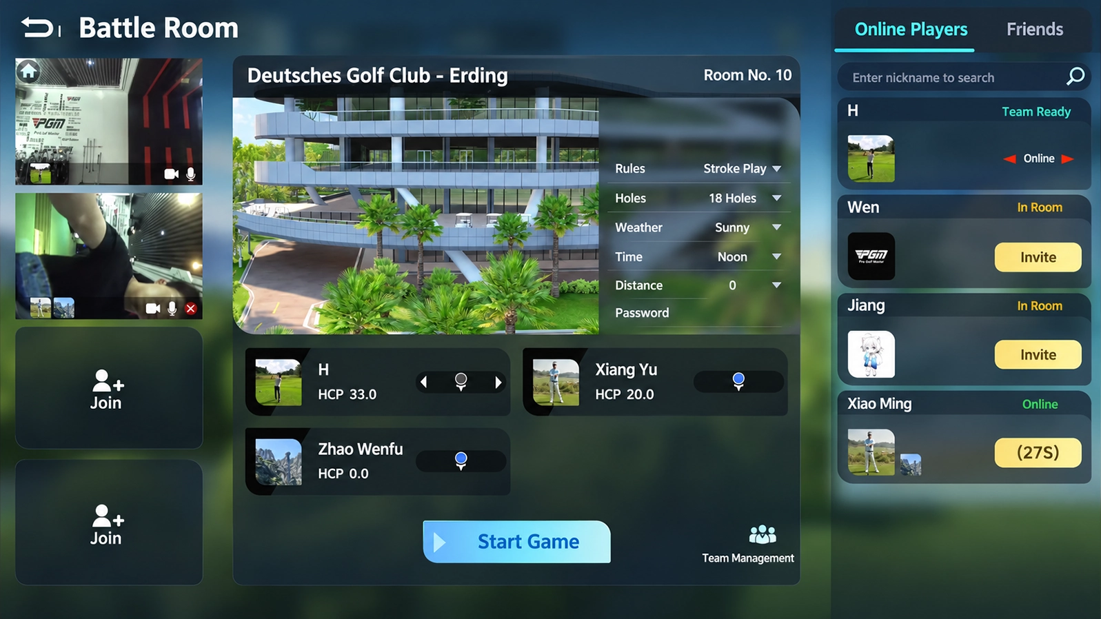 P8 online match room showing player invitations, course selection and match settings