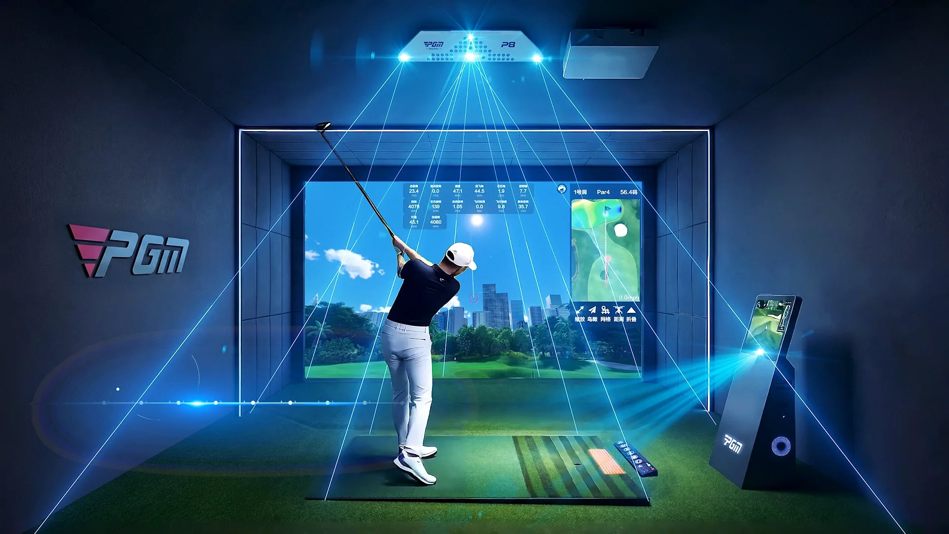 PGM P8 simulator product demonstration with golfer