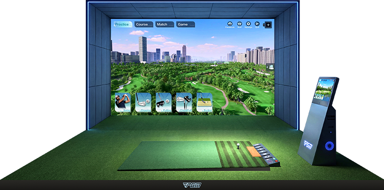 PGM simulator enclosure with hitting surface, impact screen and touchscreen console
