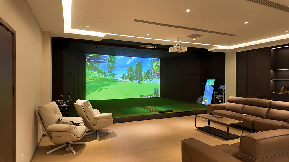 PGM featured villa installation with indoor golf screen and lounge seating